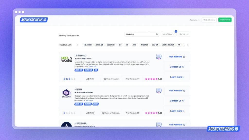 Looking at marketing agencies on AgencyReviews