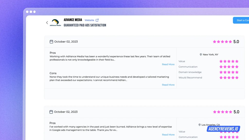 Looking at reviews on AgencyReviews.io